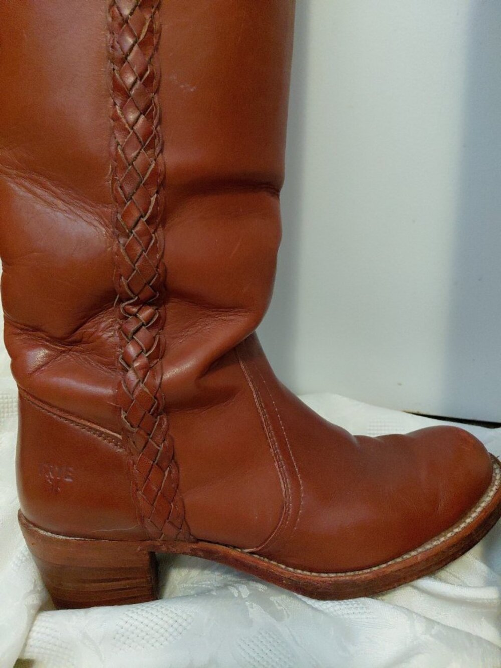 FRYE Vintage 70s Braided Sabrina Campus Boots Tall USA Made Womens 8.5 Brown - Picture 8 of 13